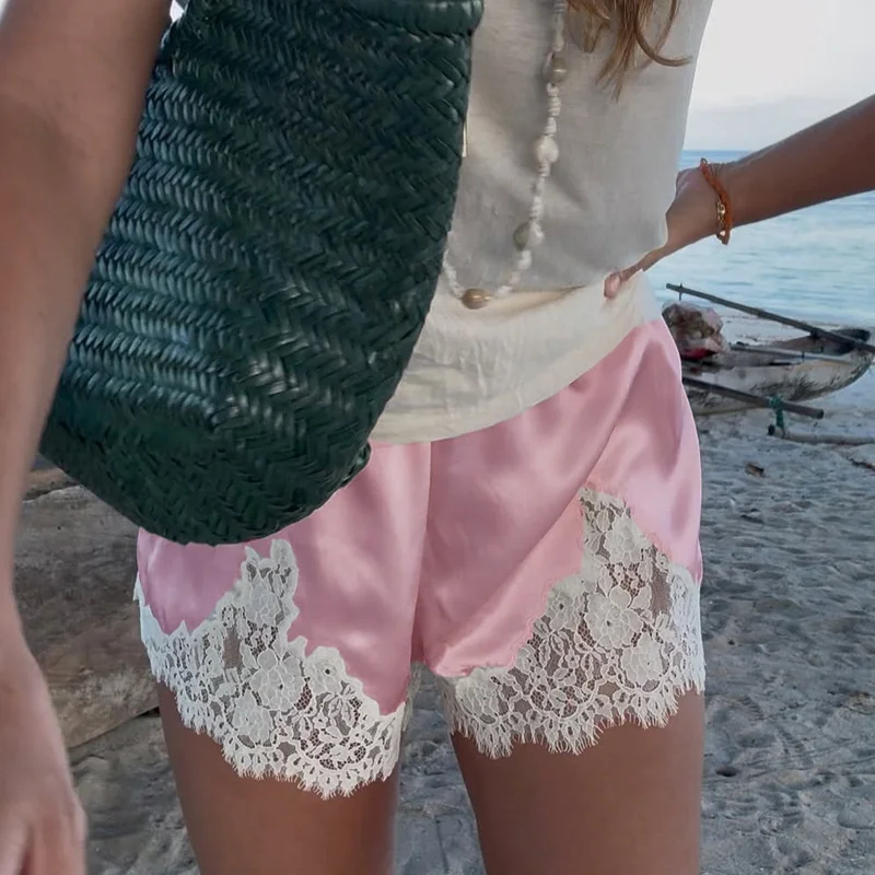 Y2k 여성 새틴 복서 파자마 반바지 신축성있는 허리 레이스 트림 수면 반바지 실크 Cheeky Lounge Sleeping Pj Undershorts