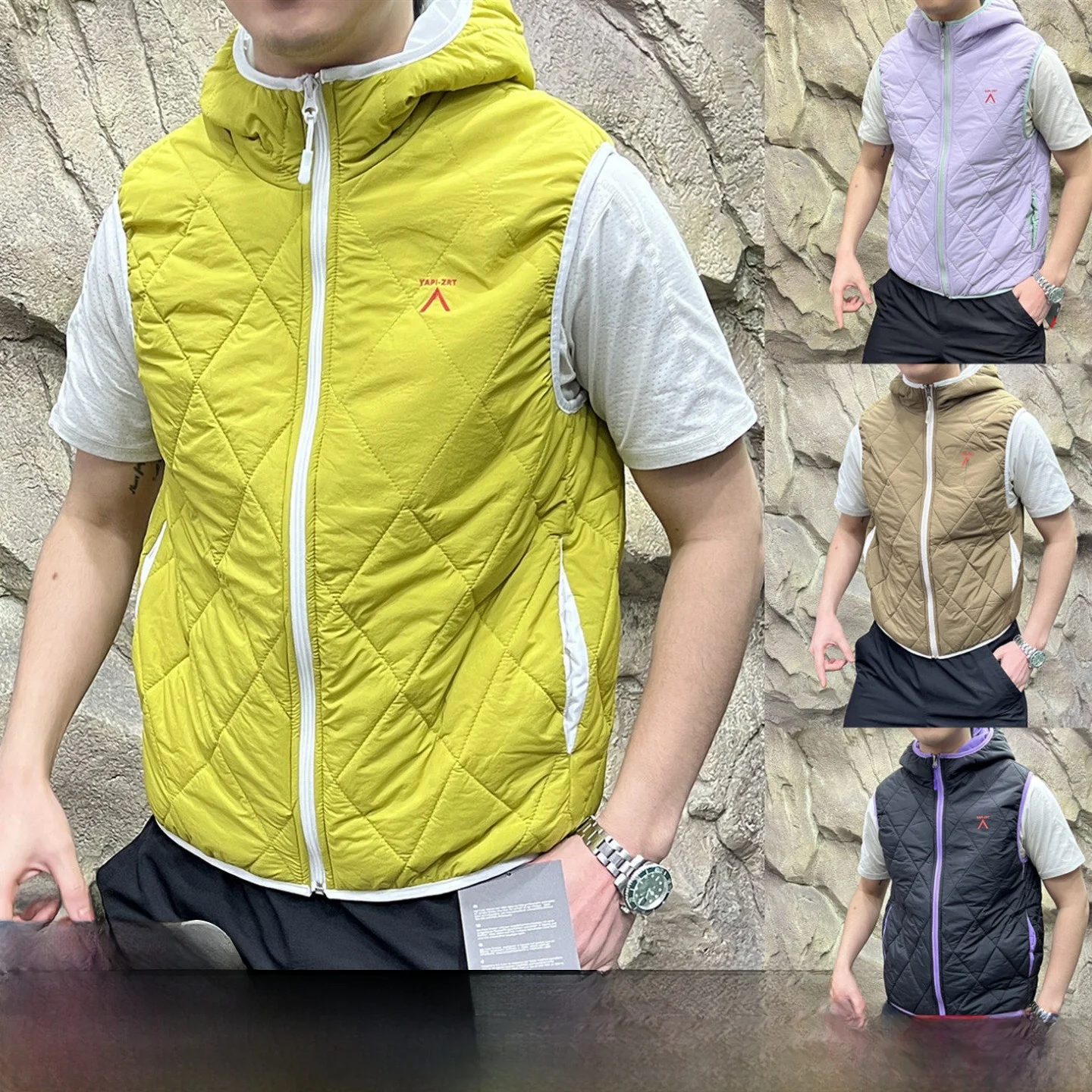 

Outdoor Youth Hooded Quilted Vest Waterproof Diamond Pattern Splicing Color Blo Couple Warm Autumn Winter Zipper Closure