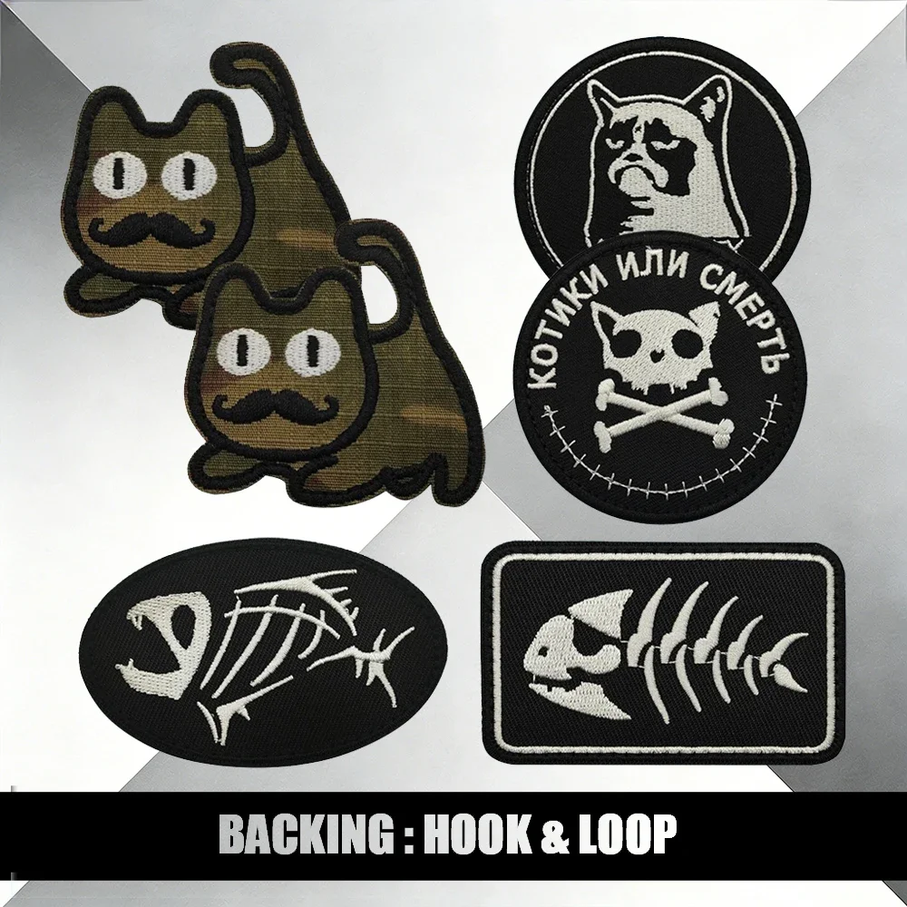 

Вышитые нашивки с крутыми и милыми котами: кот с усами, сердитый кот, череп, кириллический текст, рыбьи кости для одежды и аксессуаров