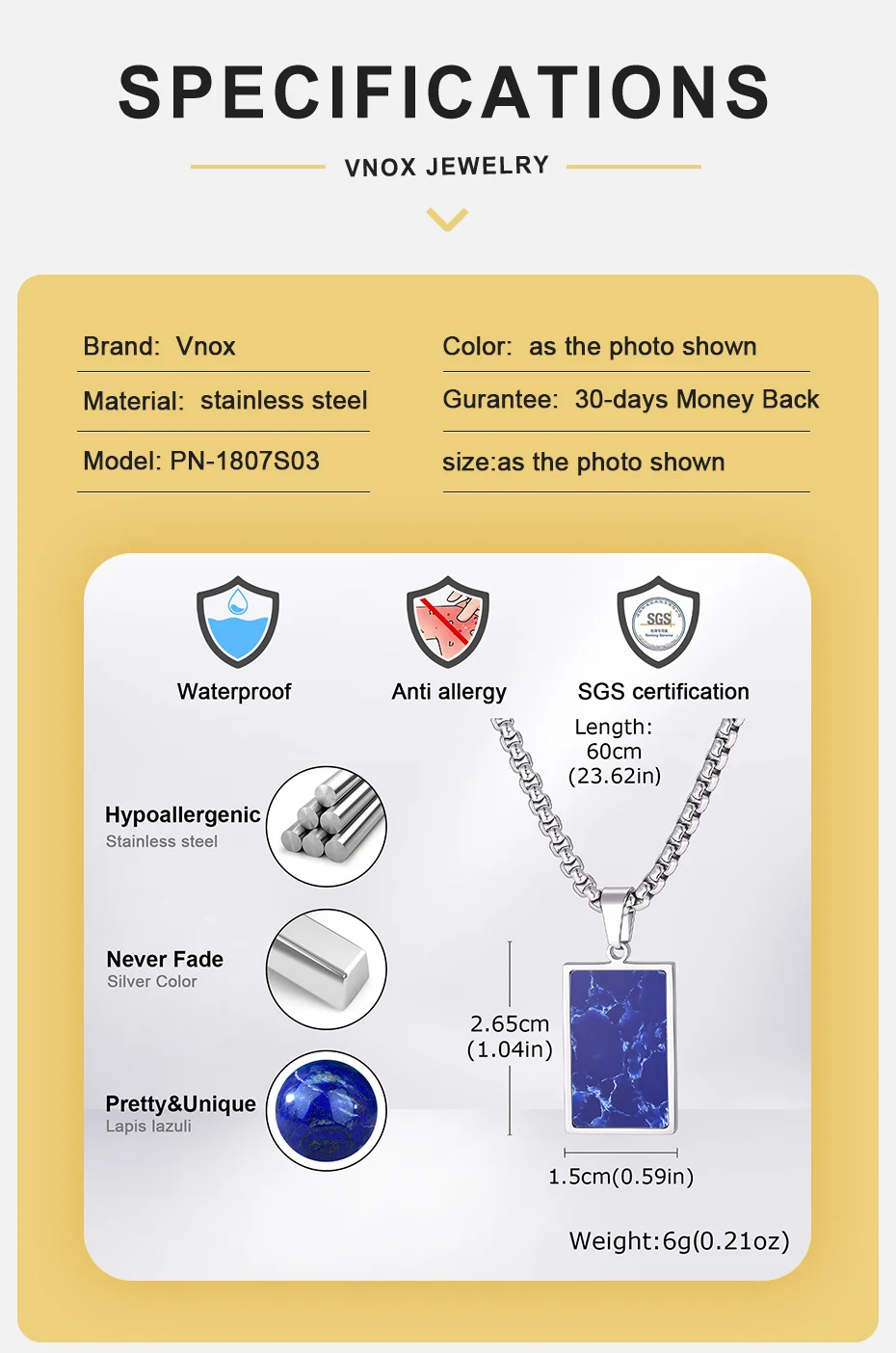 Vnox Herren Edelstahl Halskette mit Boxkette und Hundemarken-Anhänger, Tigerauge, Türkis, Sodalith, schwarze Emaille, geometrischer Schmuck, Geschenk – Detail 4
