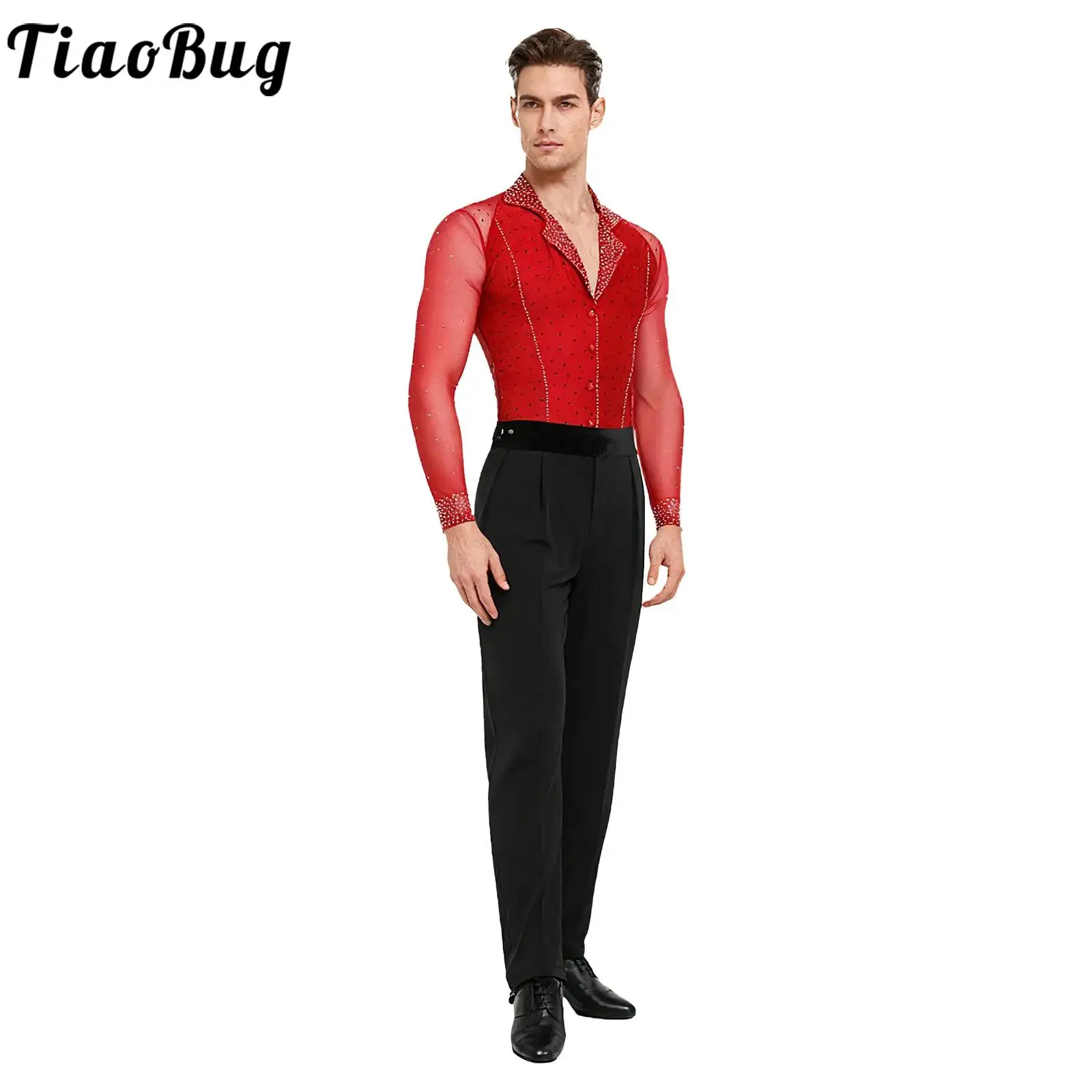 

Мужской наряд для латинских танцев, танго, джаз, балет, сальса, танцевальный костюм с длинными рукавами, прозрачная сетка, лоскутное боди, брюки, комплекты для самбы-чачи