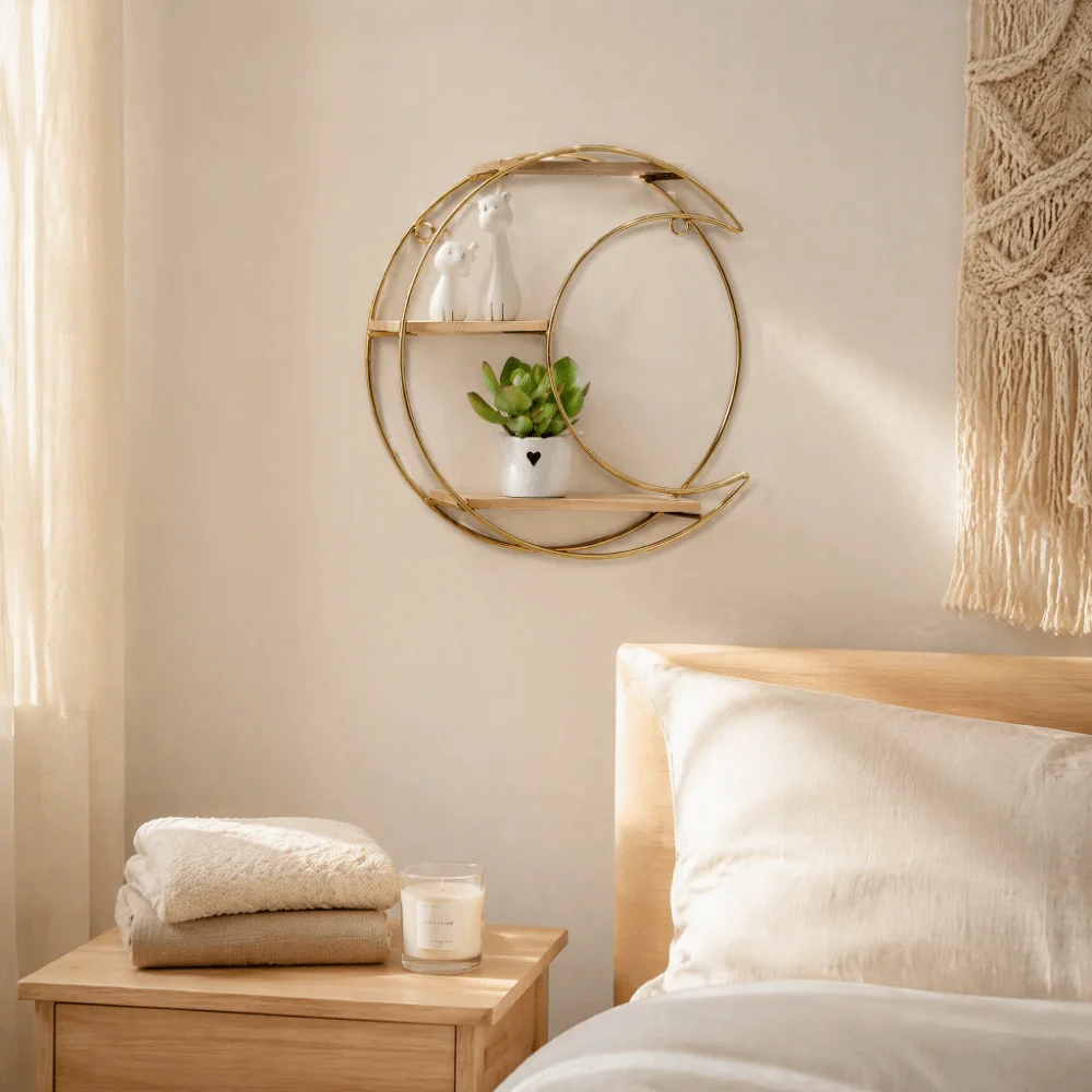 Multipurpose Gold Metal Moon Floating Shelf 11 in 3-Tier Wall Mounted Shelf Space Saving Wall Mounted 3-Tier Shelf Bedroom Decor