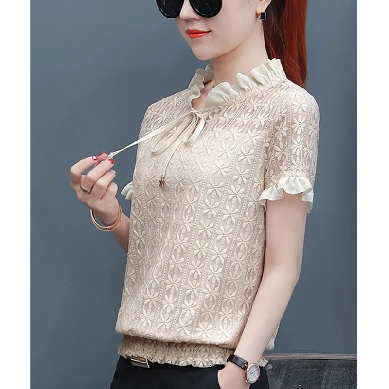 Elegant Lace Spliced Shirring Lace Up Bow Ruffles Blouse Female Clothing 2023 New Casual Pullovers Tops Office Lady Shirt