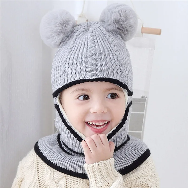 Children Outdoor Running Knitted Hat Scarf 2pcs Hooded Autumn Winter Cute Bear Ear Hats Keep Warm Fluff Thicken Neck Scarf NEW