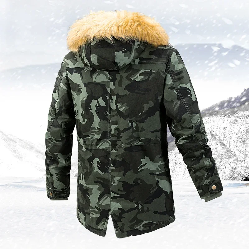 2024 Winter Outdoor Men\'s Jacket Warm Hunting Camouflage Thickened Mid-Length Parker Workwear Camouflage Windproof Jacket