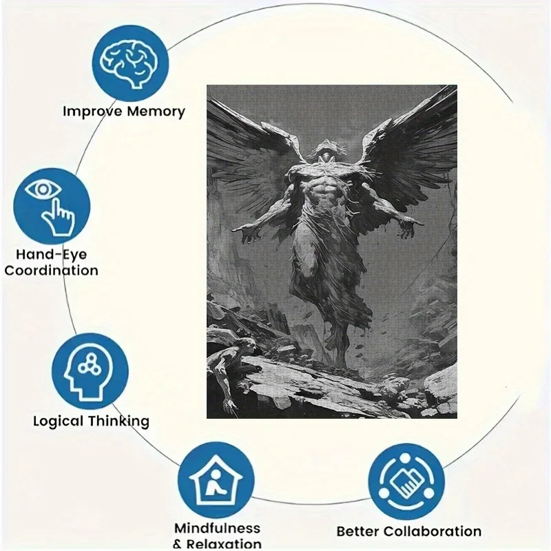 Monochromes Puzzle mit gefallenen Engeln in einer Ruinszene, Puzzle für Erwachsene, dunkles Fantasy-Thema, geistiges Spiel, Heim- und Freizeit-Dekorationspuzzle, T