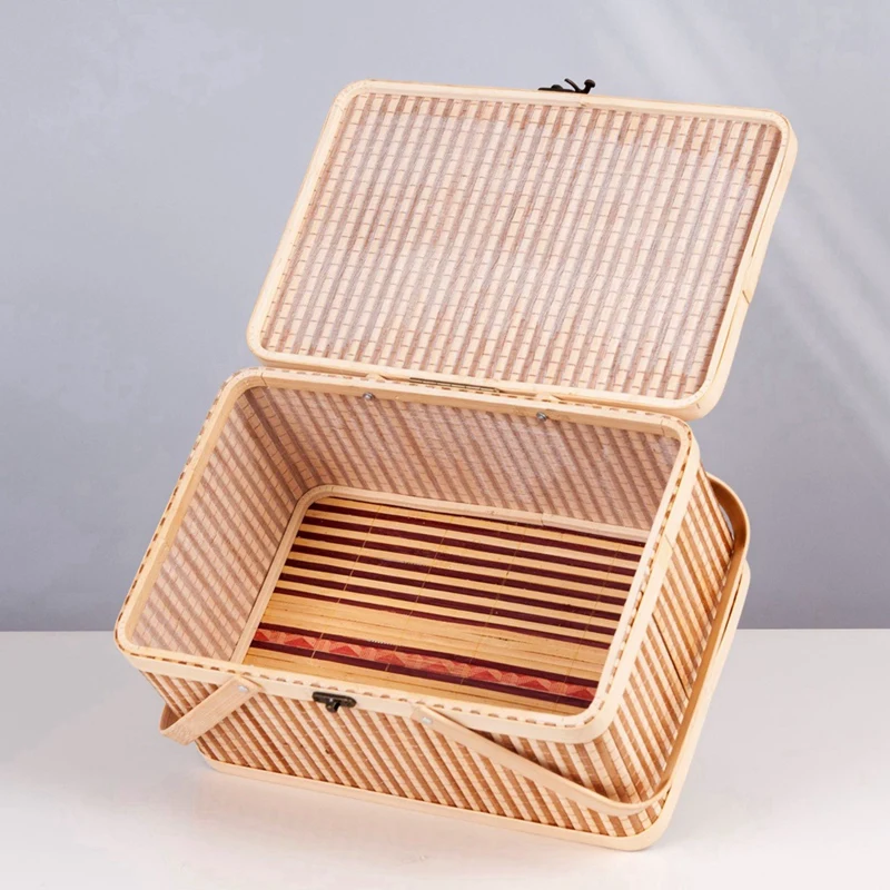 Woven Baskets Large Bamboo Baskets Portable Picnic Baskets Fruits Natural Holder Lid Bread Zongzi Organizer