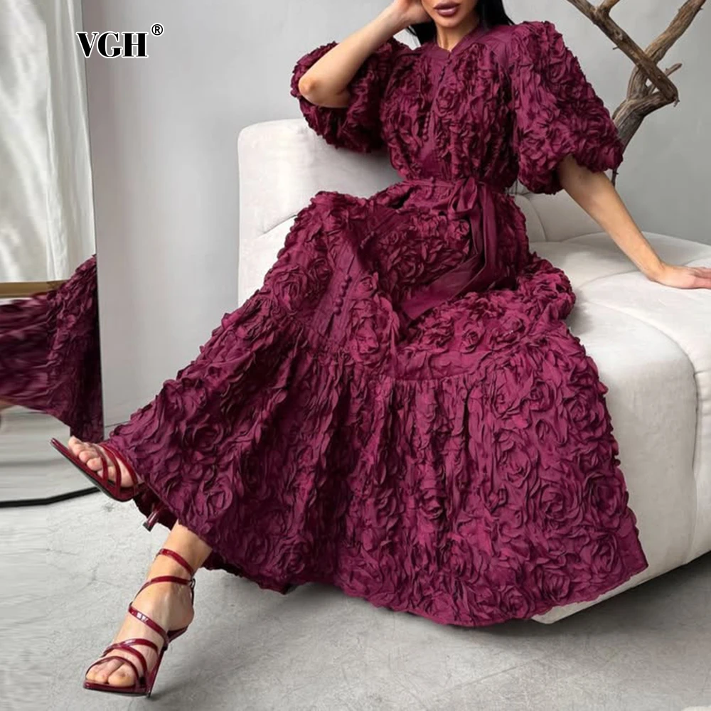 

VGH Elegant Patchwork Appliques Solid Dress for Women Lapel Puff Sleeve High Waist French Vintage Style Long Dresses Female New