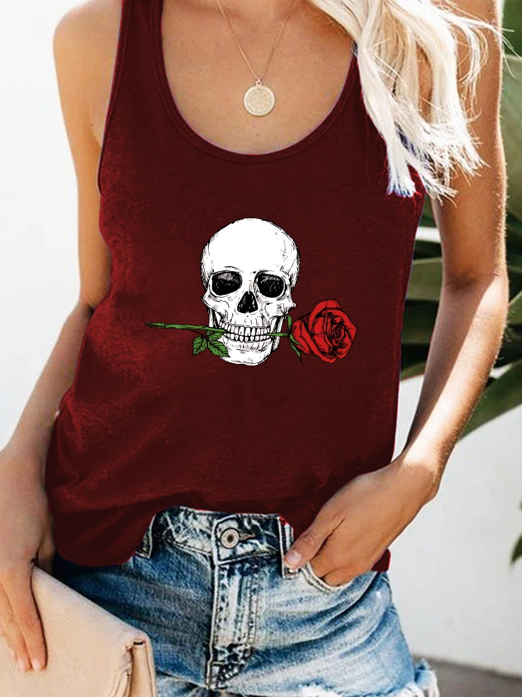 Loose Summer Skulls Tee Shirt Vintage Crew Neck Y2k Women 90s Tops Clothes Femme Skull Rose Print Funny  Tank