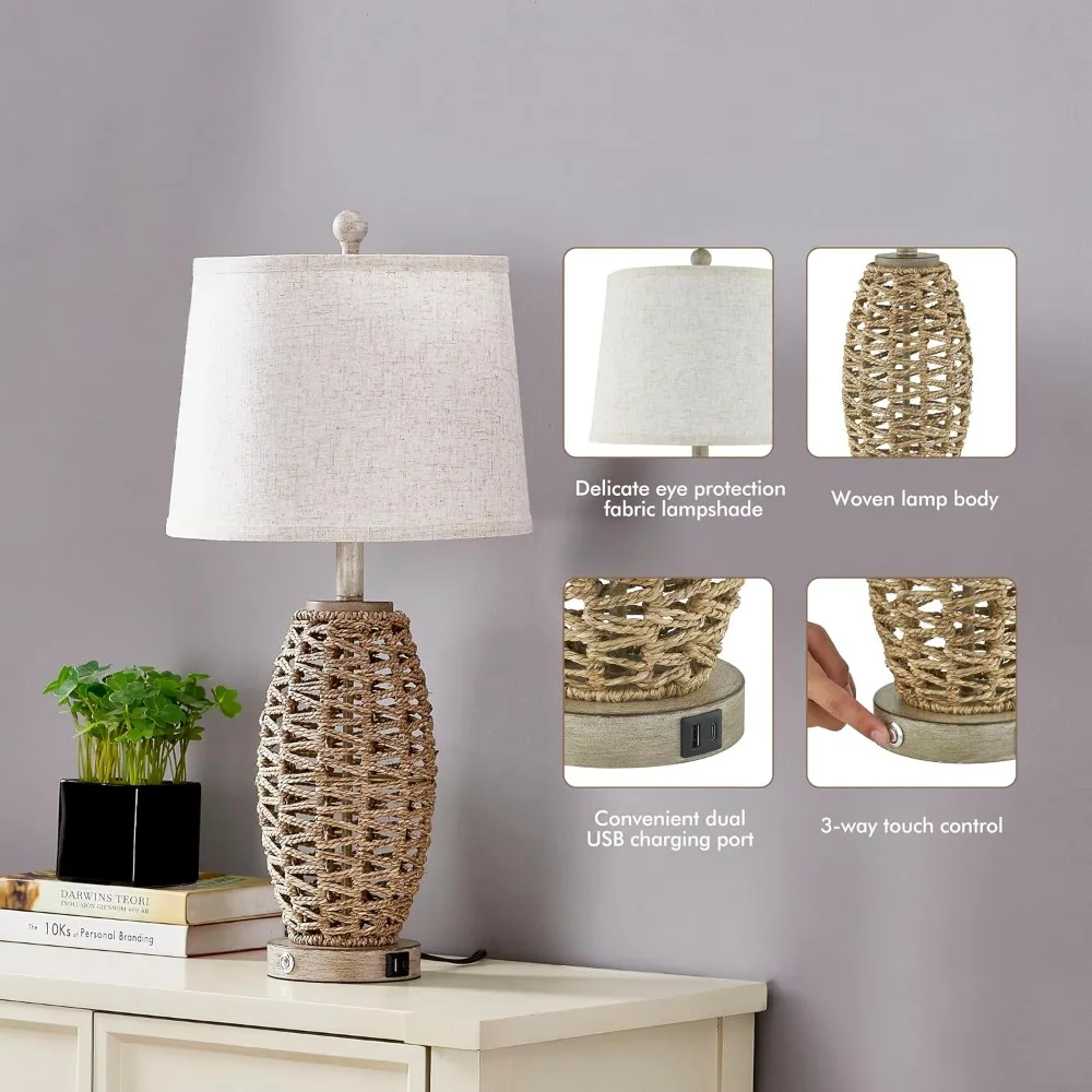 27" Natural Rattan Table Lamp Set of 2, Touch 3-Way Dimmable, USB Charging, Oatmeal Shade view 6