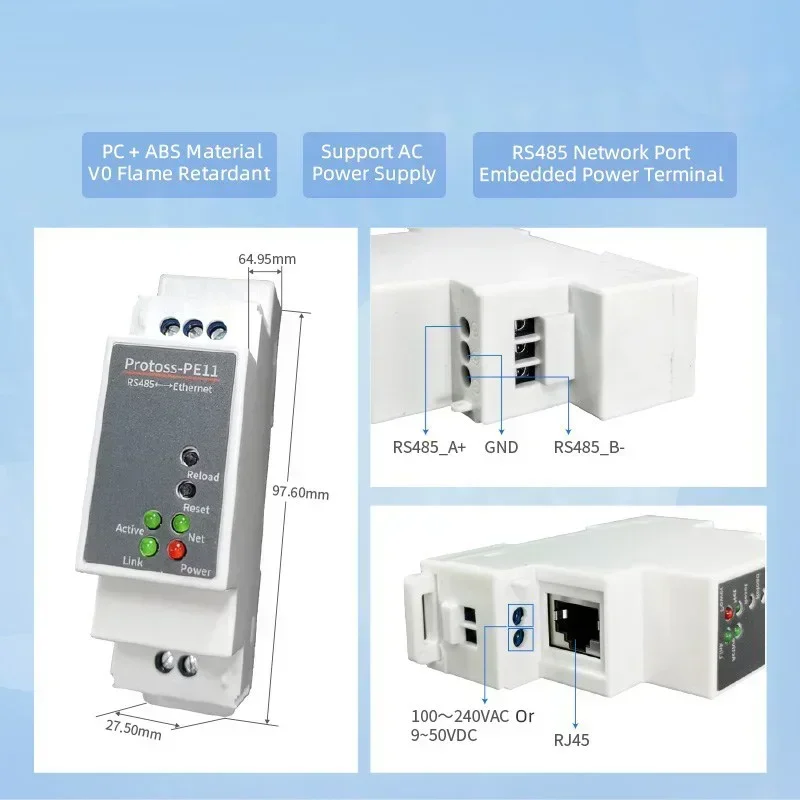 Convertitore da porta seriale RS485 Modbus su guida DIN Protoss-PE11 a Ethernet