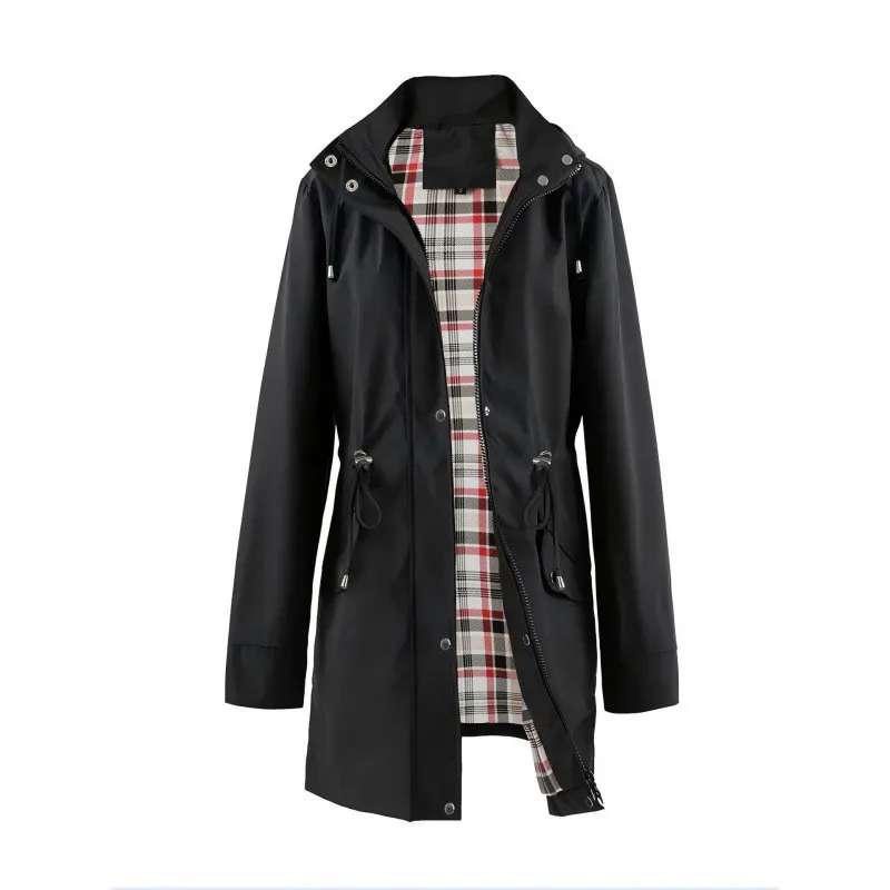 Plaid Hooded Coat Regular Fit Elegant with Zipper Closure Graceful Commuter Wrinkle Finish Long Sleeve Women Autumn Coat
