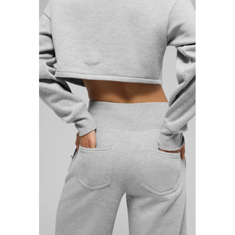 Women High Waist Knit Patchwork Fleece Lined Wide Leg Stacking Pants Elegant Slim Fit Winter Trousers Old Money Style Warm