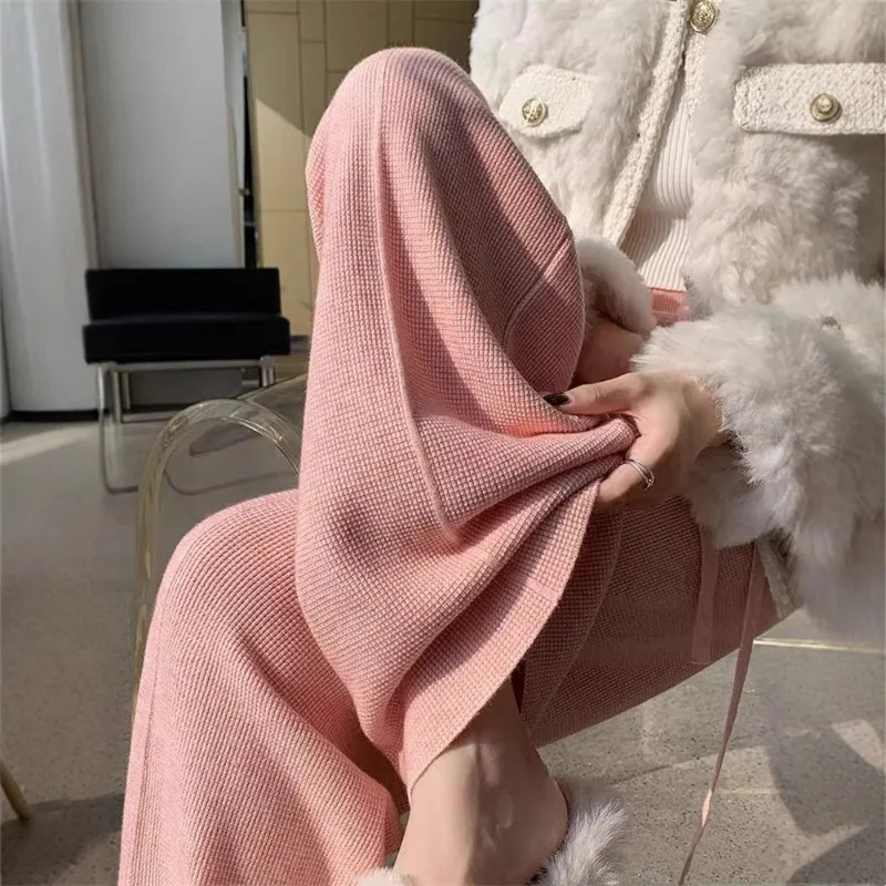 

Knitted Waffle Wide-leg Pants for Women's Autumn Winter New Lazy Style High Waist Thin Straight Floor-mopping Trousers Wool