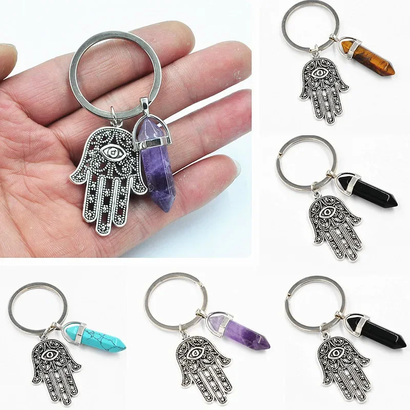 Fashion Hexagonal Crystal Pillar Original Stone Keychain Fatima Palm Thousand Eye Car Keychains Hanging Accessories Gift