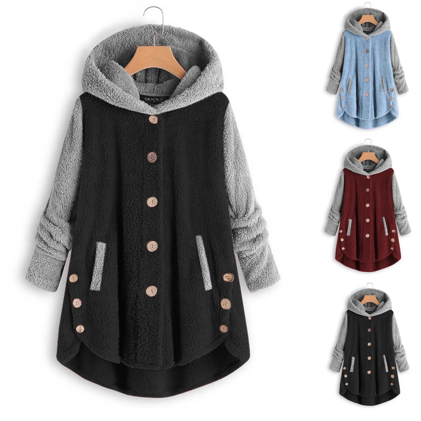 2023 women winter coats for fashion style button plush irregular color warm fleece coat with hooded Cold winter female