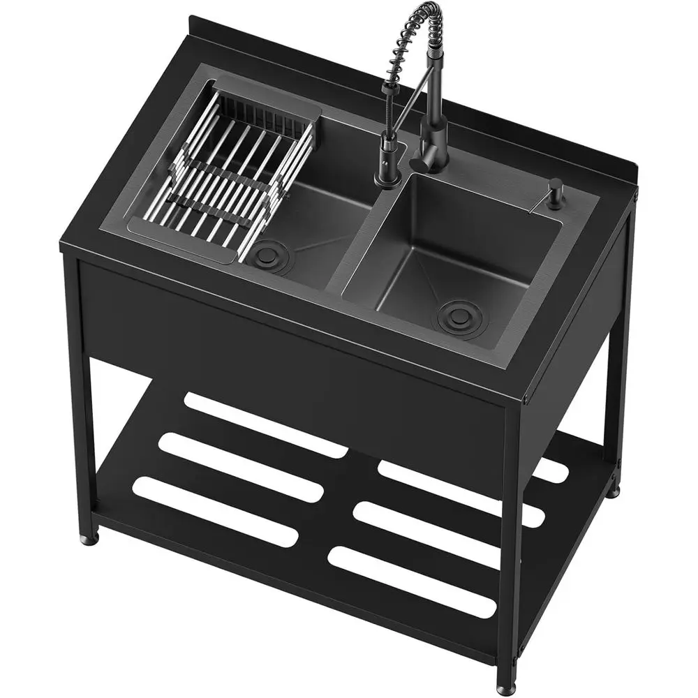 

Универсальная раковина из нержавеющей стали, 36,6 x 22,2 x 38,9 дюйма, раковина с 2 отделениями, отдельно стоящая коммерческая раковина с краном для холодной и горячей воды