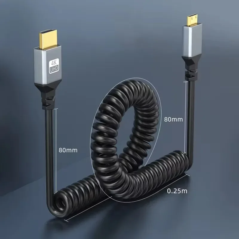 4K UHD Spring Coiled HDMICable Angular Mini/Micro HDMI Portas para Câmera DV PS5 Xbox Monitor - Áudio e Vídeo Digital de Alta Definição