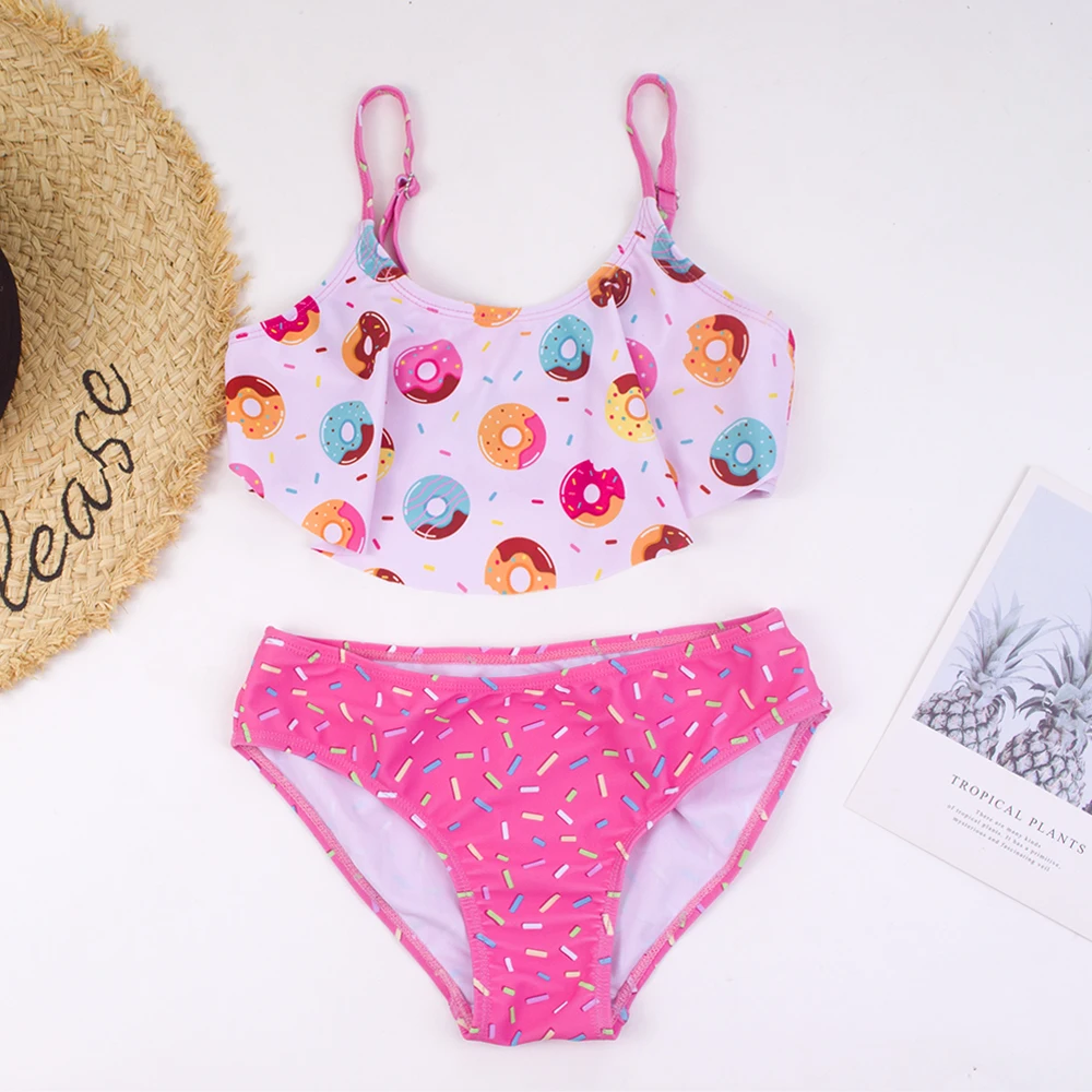 Donut Print Falbala Girls Kids Swimsuit Outdoor Cute 2-piece Swimwear Stretchy Contrast Girls Kids Bikinis For Summer Vacation