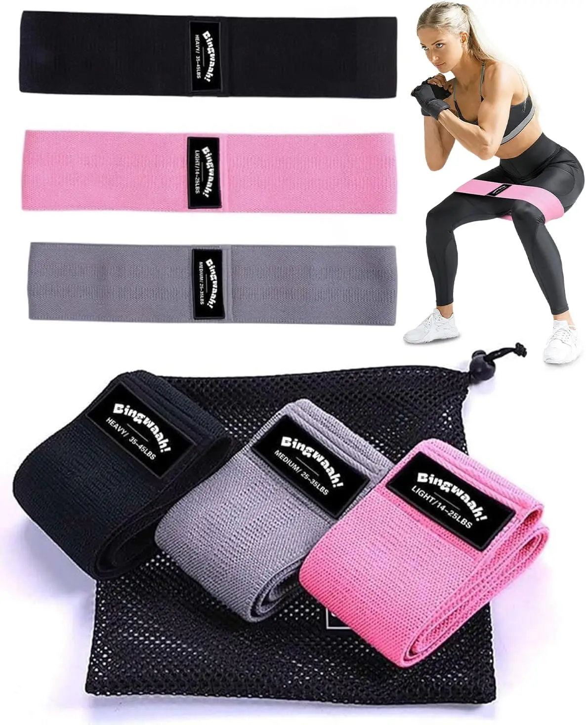 Fabric Resistance Bands for Women and Men - Set of 3 Mini Loop Bands with Adjustable 14-45 lbs Resistance, Lightweight, Compact