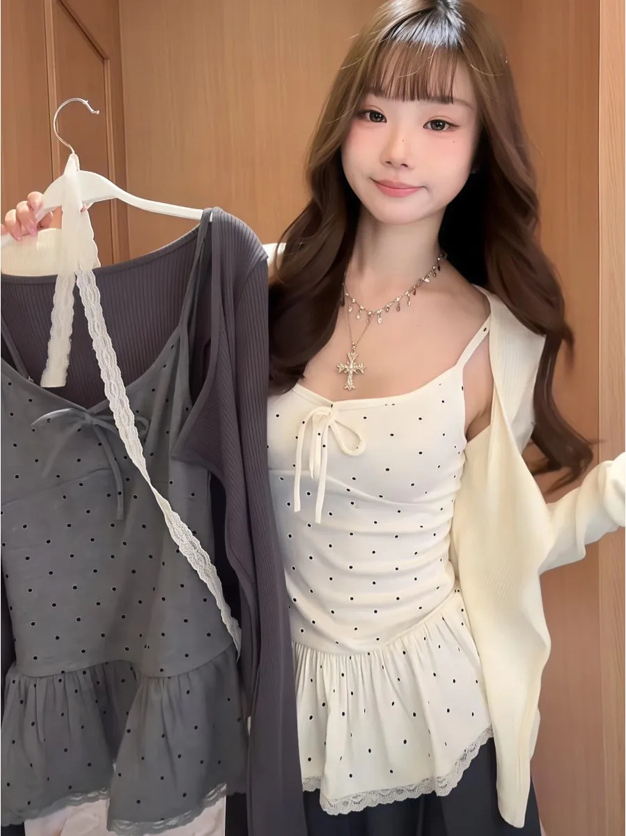 Pure Desire Süß-Würziges Spitzen-Polka-Dot-Set mit Saumband, Weste, Cardigan, Mantel und Schal, Zweiteiliges Set für Herbst und Winter, Neues Elegantes Oberteil für Damen