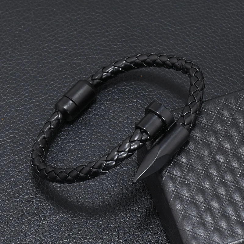 Nail Bullet Bracelet Titanium Steel Leather Leather Rope Bracelet Alloy Magnet Buckle Men\'s Braided Bracelet Handmade Bracelet