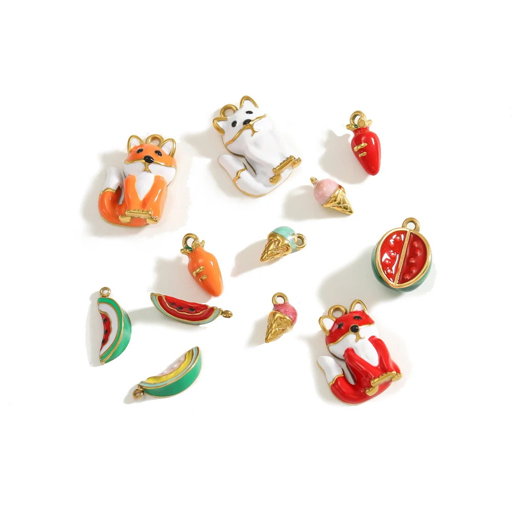 3PCS/LOT CARLIDANA Cute Enamel Pendants, Fox Ice Cream Watermelon Charms, Stainless Steel Waterproof for DIY Necklace Bracelet