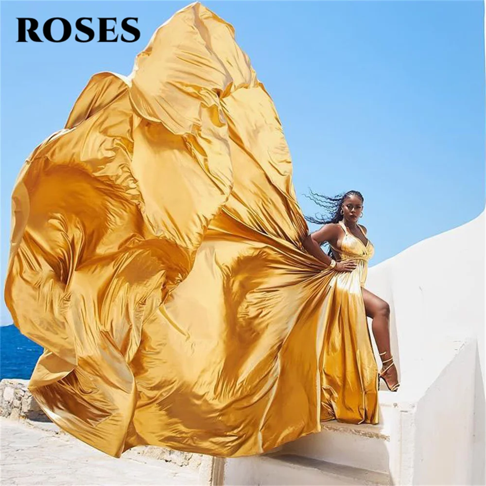 

ROSES Gold Soft Stain Long Party Dresses V-Neck Sleeveless Night Dresses A-line Evening Celebrity Dress with Split Customized