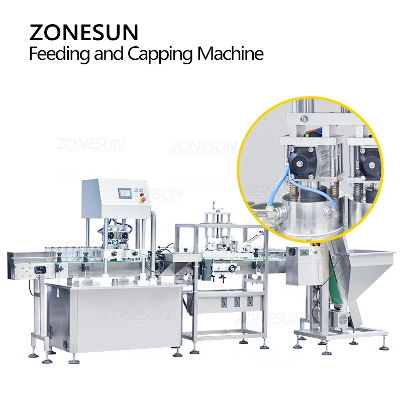 ZONESUN Automatic Vacuum Bottle Capping Machine Jar Capping Vacuum Bottle Closing Machine With Cap Feeder