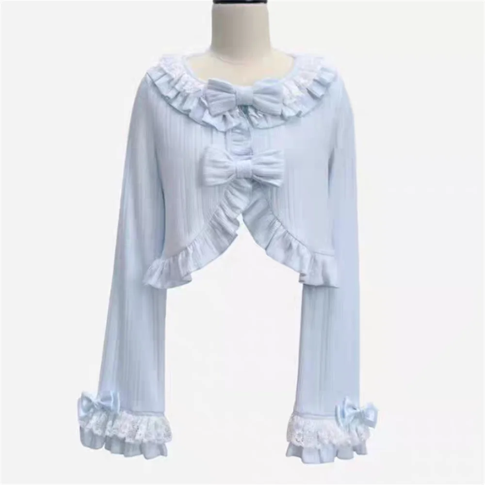 

Осень-зима, милый вязаный свитер с рюшами и бантом, пальто, японский Kawaii, стиль Лолиты, вязаный кардиган, женский милый тонкий короткий топ