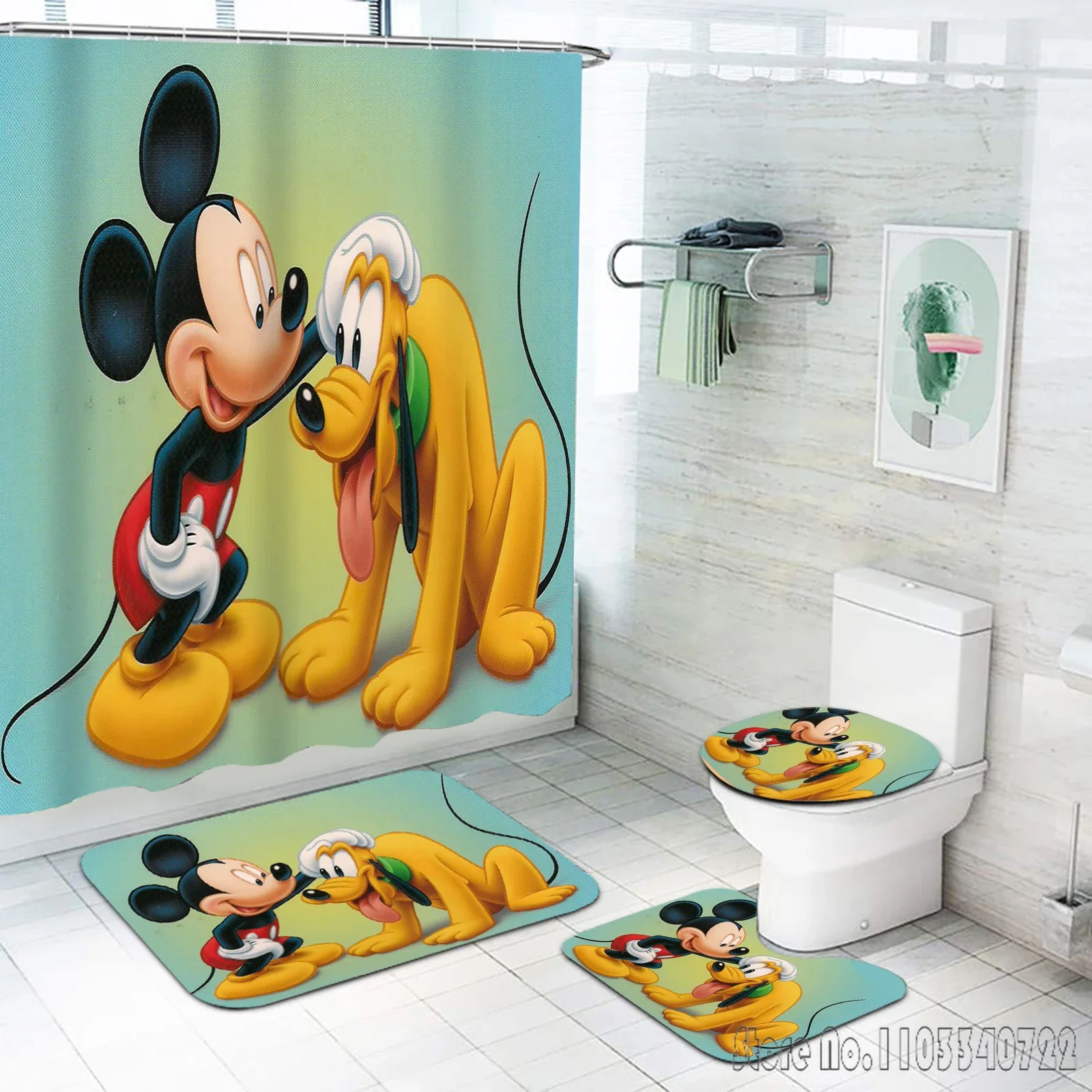 Mickey Set tikar kamar mandi dan aksesori tirai mandi, dekorasi mewah tahan air Anime rumah 4 buah