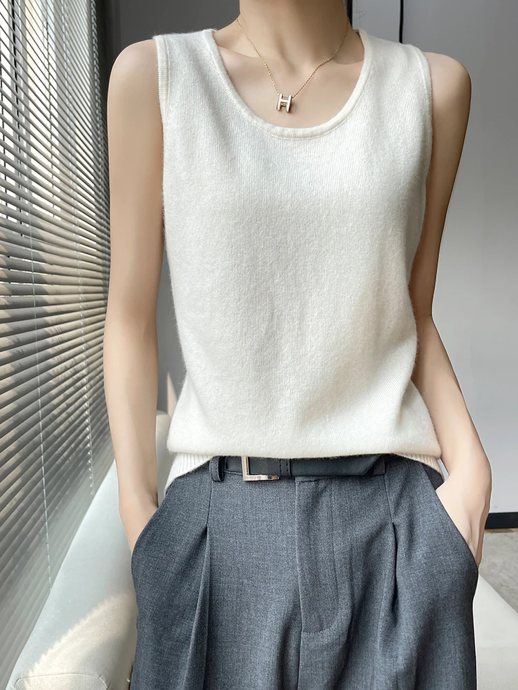 Women's O-neck Cashmere Vest Spring Summer Basic Casual Soft Thin 100% Cashmere Knitwear Sleeveless Pullover Sweater camisole