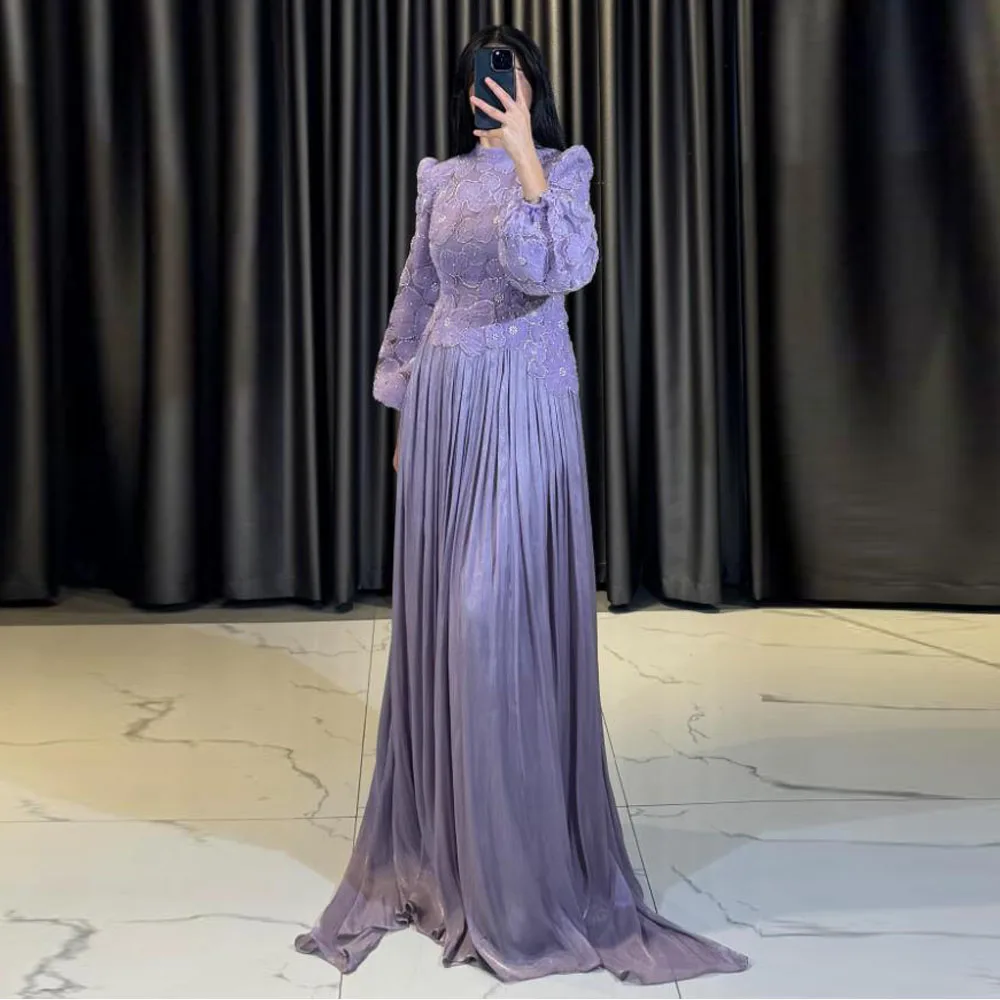 

Customized Floral Flower Prom Dresses O Neck Lantern Sleeve Formal Evening Dress for Women Islamic Special Occasion Dresses