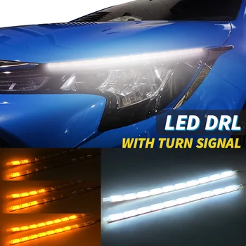 2pcs DRL LED daytime running light strip flexible waterproof headlight turn signal yellow lamp car decorative driving lights 12V