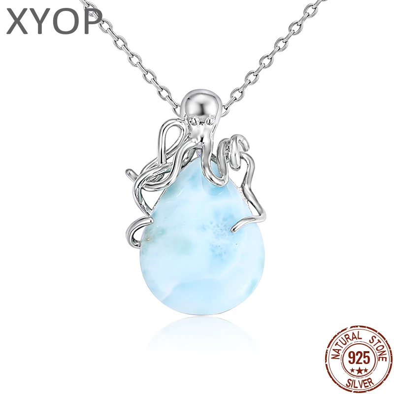 XYOP 2026 Larimar Octopus Pendant Necklace for Women 925 Sterling Silver Elegant Natural Sea Creature Jewelry Gift for Party Bir