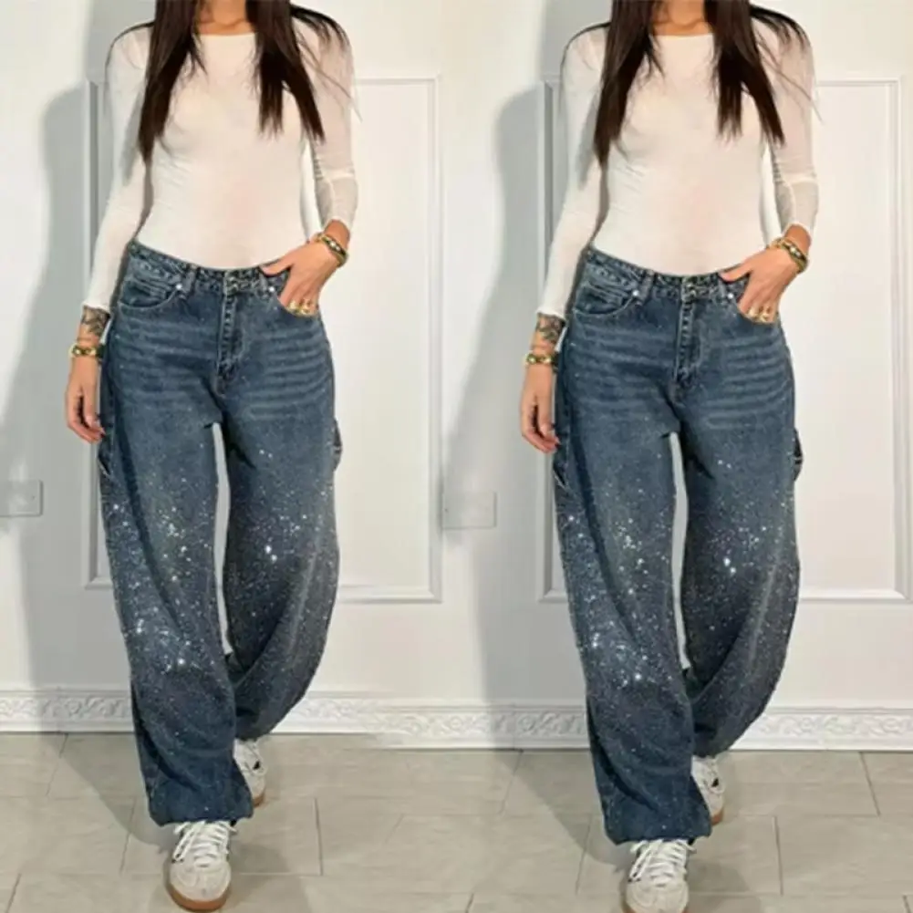 Chic Rhinestones Jeans Women Loose Pocket Versatile Zipper Low Waist Straight Denim Trousers Female 2025 Spring Lady Streetwear