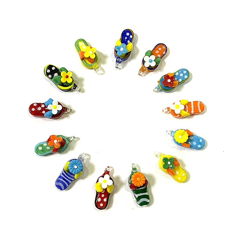 2pcs Colorful Slippers Glass Charms Mini Shoes Pendant Ornaments for Diy Jewelry Necklace Making Accessories or Christmas Decor