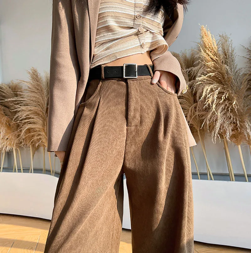 Women\'s Pants Autumn Winter Corduroy High Waist Wide Leg Pants for Women Casual Trousers Female Straight Pants Women Clothes New