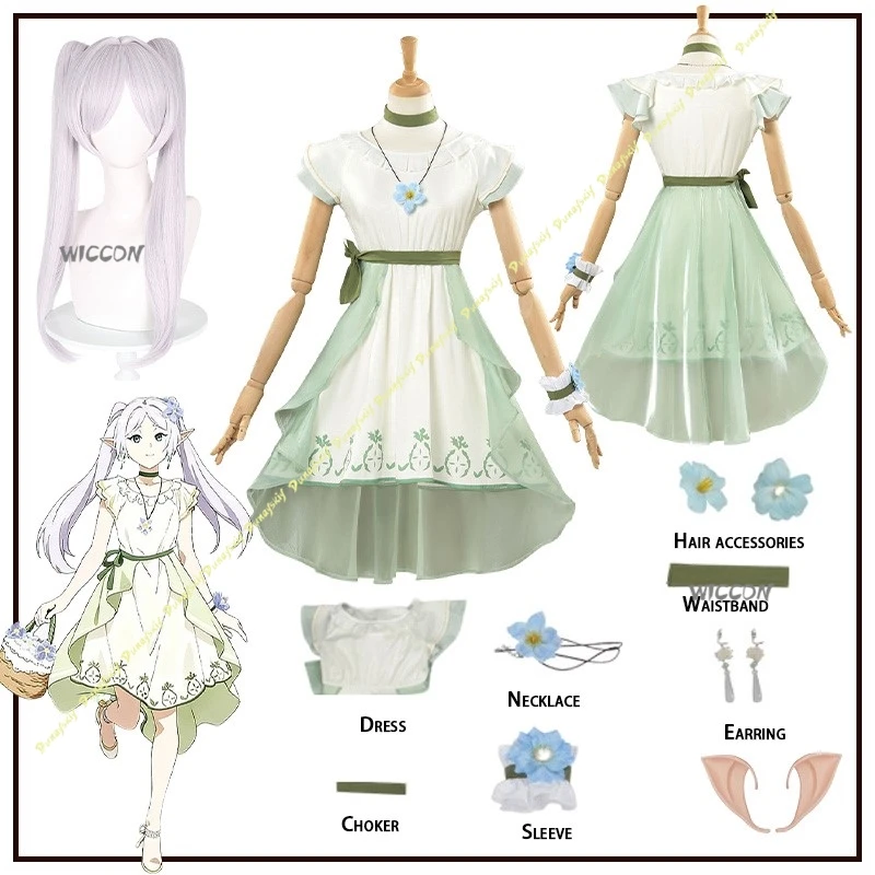 

Anime Frieren: Beyond Journey's End Girls Wig Dress Green Women Skirt Cosplay Costumes Party Stage Clothe Christmas Halloween