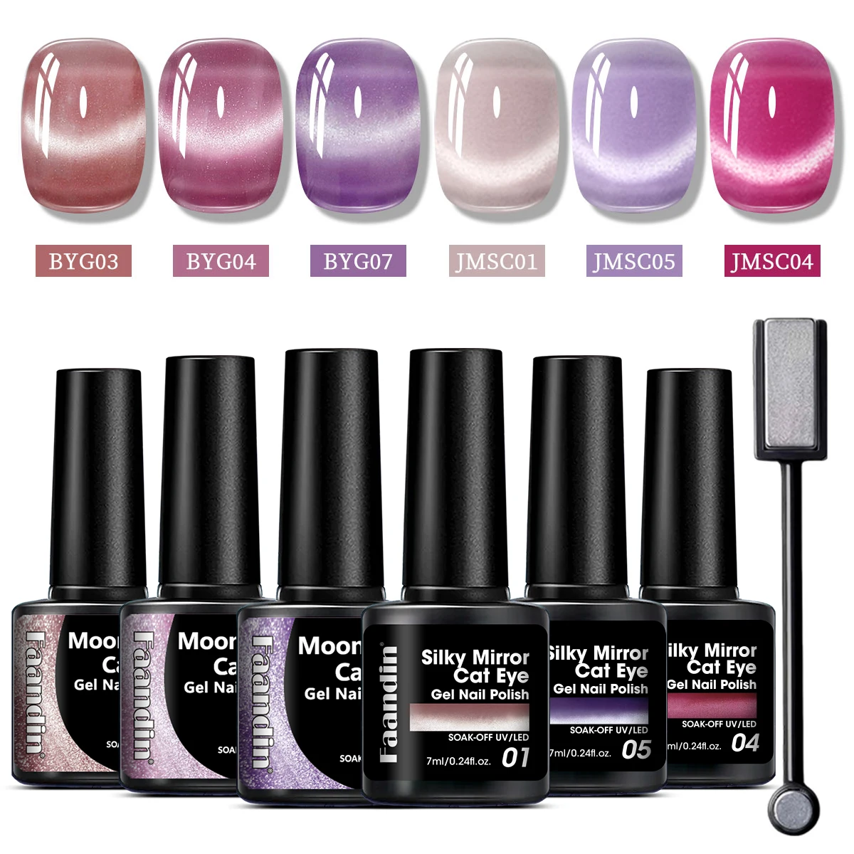 

6+1 шт./компл. Faandin 0. 24 унции*6 шт. Белый лунный свет кошачий глаз, зеркальный шелковый кошачий глаз с набором магнитных палочек, глубокий и трансформируемый гель-лак для ногтей, выбранные универсальные цвета, подарок для мамы, подарок для подруги, и