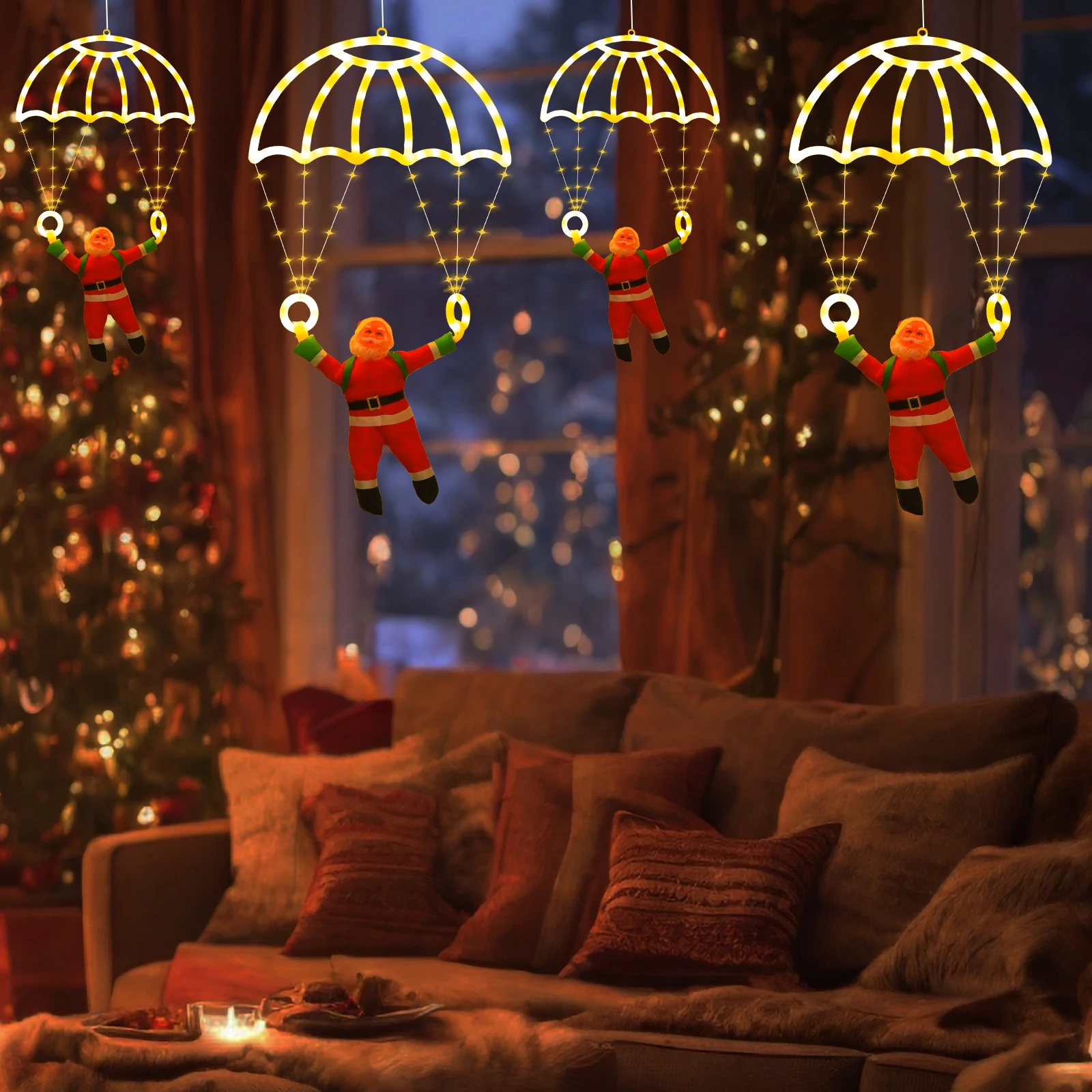 3D Parachuting Santa Claus LED Lights, Glow Window Pendant Lamp, Novelty Floating Santa Design Christmas Atmosphere Decoration