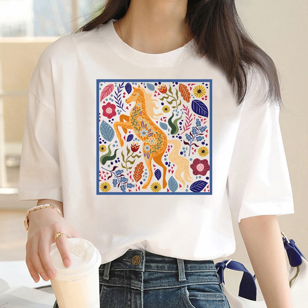 New Summer Women High-Quality Cotton T-Shirt Letter Cute Horse Graphic Print Casual Short Sleeve O-Neck Top Brand Clothing