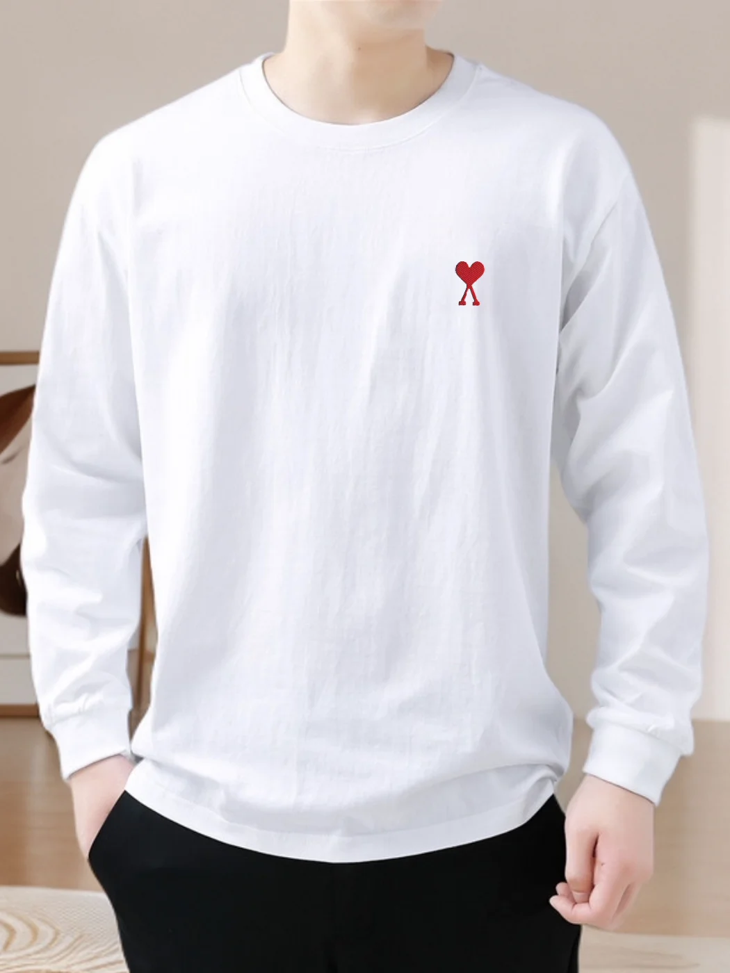 قميص رجالي أنيق مطرز بأكمام طويلة وياقة مستديرة، فضفاض وعصري للخريف والشتاء، قميص أساسي من القطن للشباب