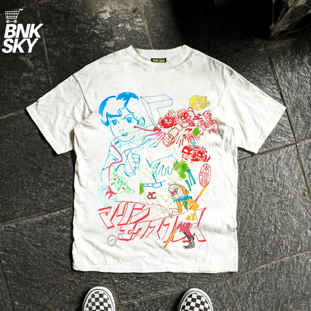 Breathable Short Sleeve T-Shirt Unisex Loose Fit round Neck Youthful Style Messy Line Design  Stray Shoulder Version