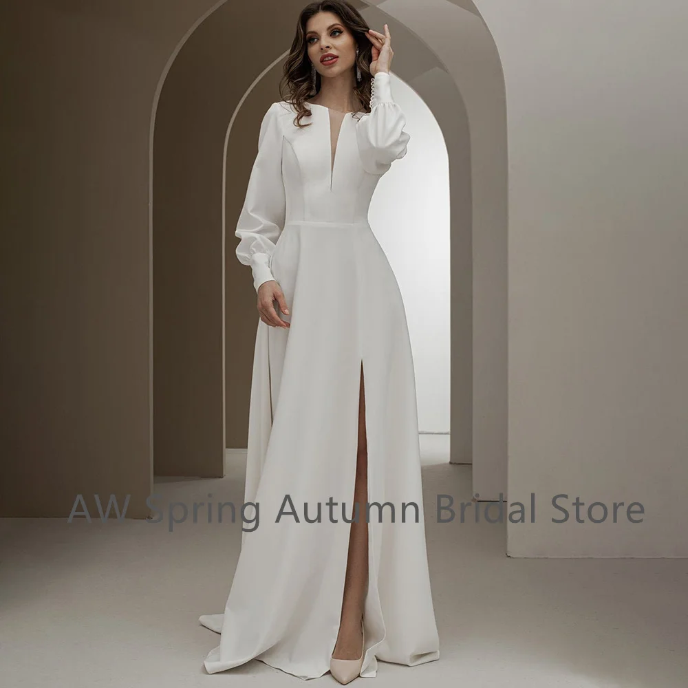 2022 langen Ärmeln Hohe Schlitz Plain Satin Hochzeit Kleid Einfache vestido de noiva Weiß EINE Linie Boot-ausschnitt Open Back brautkleider