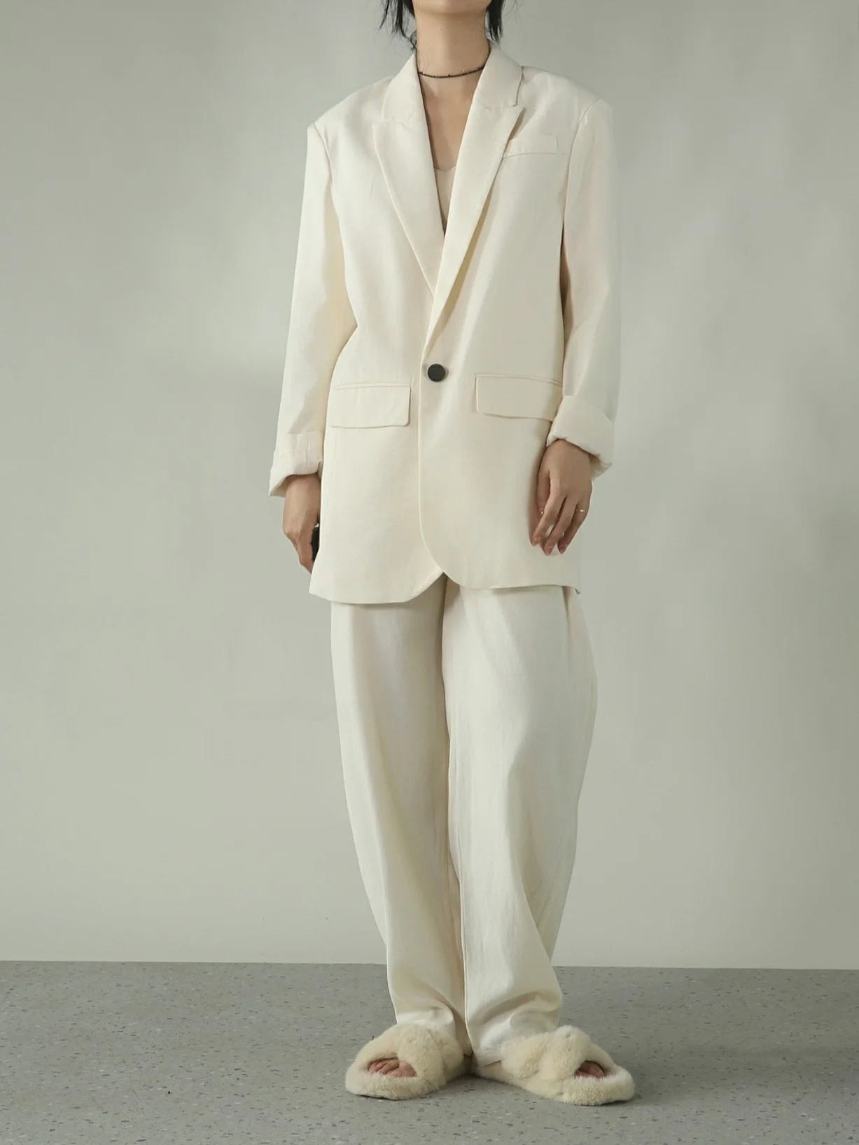 

Classic Whooos Linen Feel Suit Jaet Set Long Sve Mid-Length Loose Fit Cr White Quali Women's Original Design Polyes...