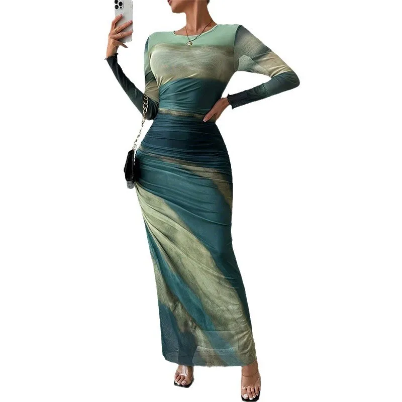 Tie Dye Green Mesh Corset Dress Autumn Elegant Women Dresses Bodycon Long Sleeve Dress Print Maxi Ruched Through Female Dress