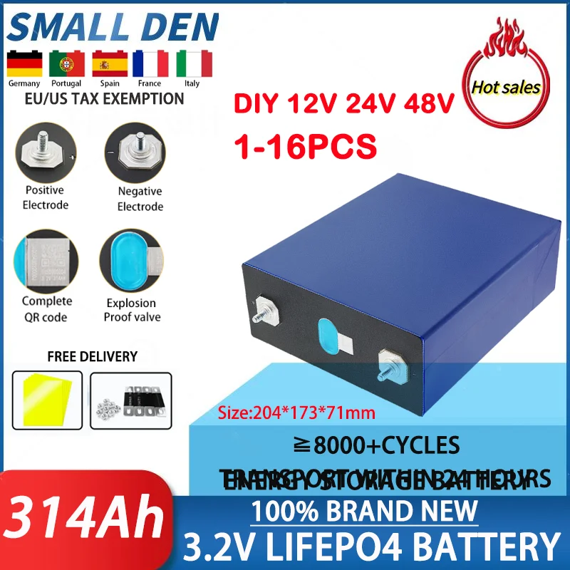 1-16pcs EVE 314AH Lithium Iron Phosphate Battery 3.2V Square Rechargeable Battery 8000 Times 12V 24V 48V Solar Energy