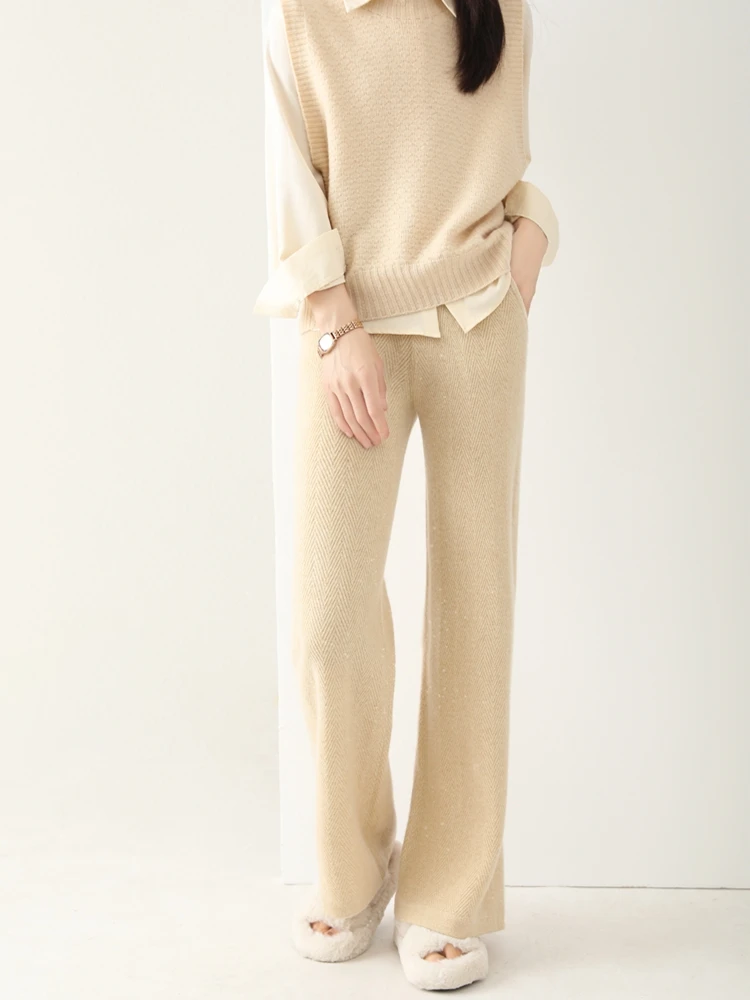 Новая мода, женский свитер из 100% мериносовой шерсти, элегантный женский осенне-зимний трикотаж, женские широкие брюки полной длины, однотонный низ