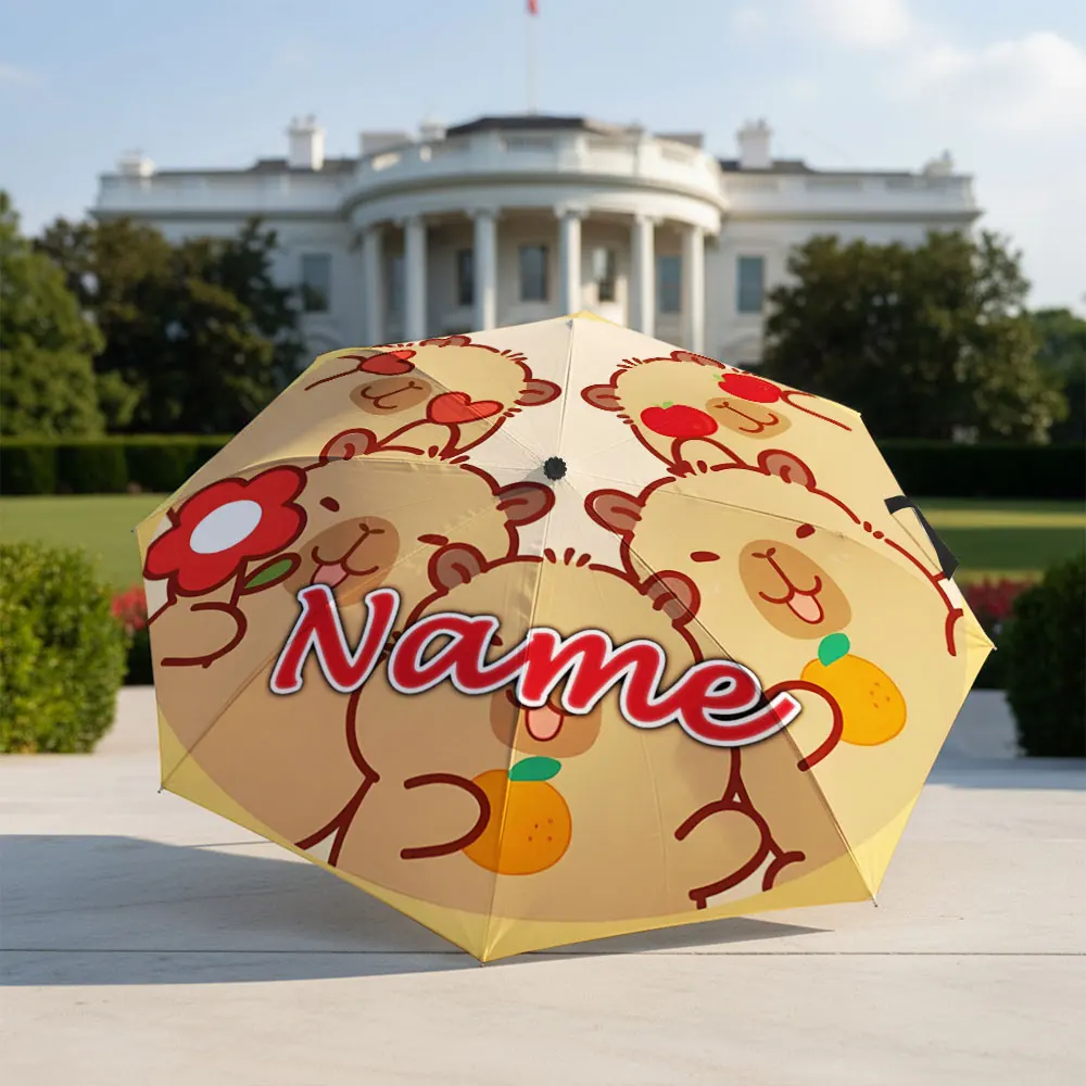 Custom Name Umbrella Group Of Capybara Cute Cartoon Animal Fruit Flower Print Folding Umbrella Compact Portable Travel Parasol